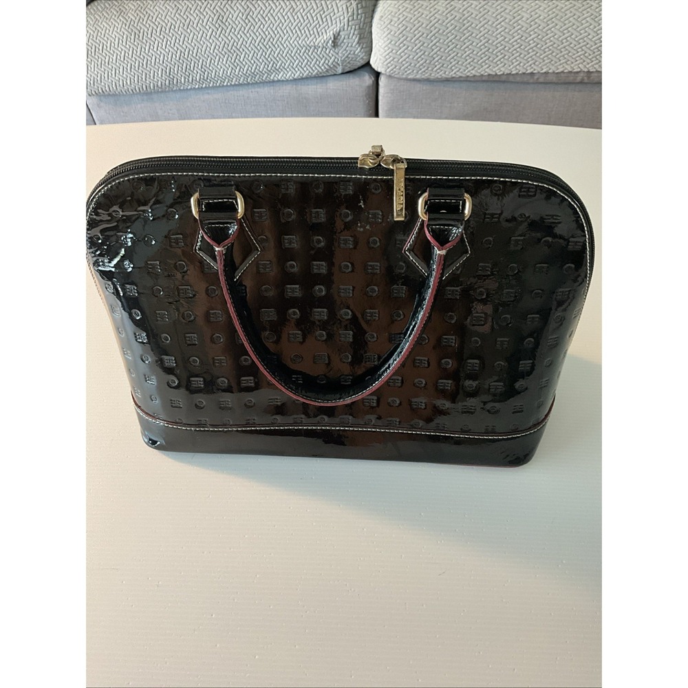 Arcadia Italy Black Patent Leather Embossed Logo Satchel Handbag Purse